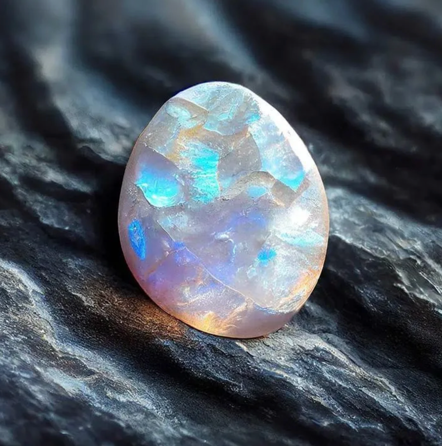 A close-up of a luminous opal gemstone glowing with soft blue and golden hues, symbolising emotional healing, intuition, and inner light.