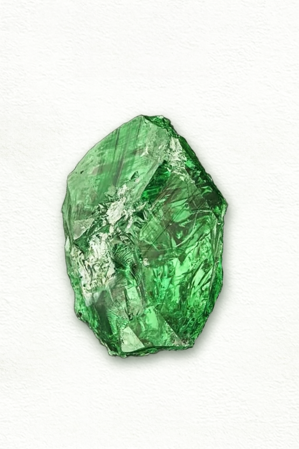 A vivid green rough tsavorite garnet crystal with natural facets and rich transparency, displayed against a clean white textured background for a luxurious, high-end jewelry aesthetic.