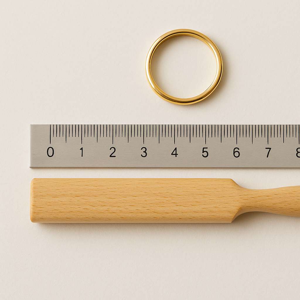 Minimalist flat lay featuring a gold ring and a ruler on a soft neutral background, illustrating how to measure ring size for a jewellery guide