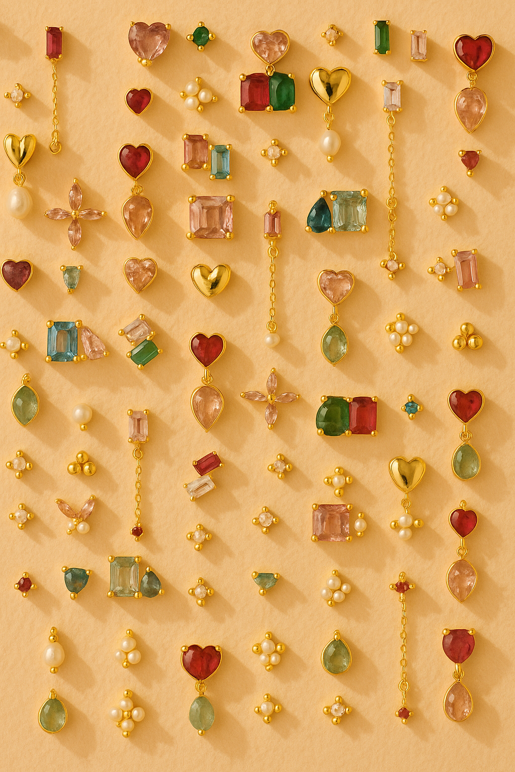 Assortment of gold and silver gemstone earrings featuring colorful semi-precious stones and pearls, displayed on a warm-toned background — elegant fine jewelry collection