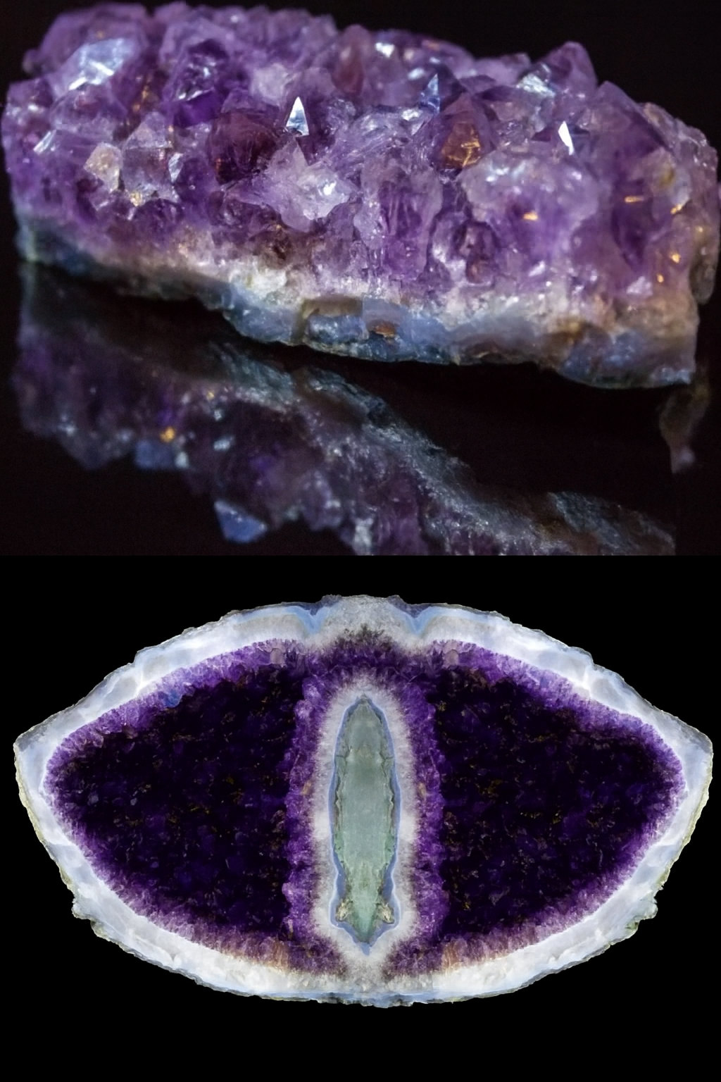 A refined image showing two natural amethyst formations,a sparkling purple crystal cluster and a polished geode slice with deep violet layers and a blue-green quartz centre.