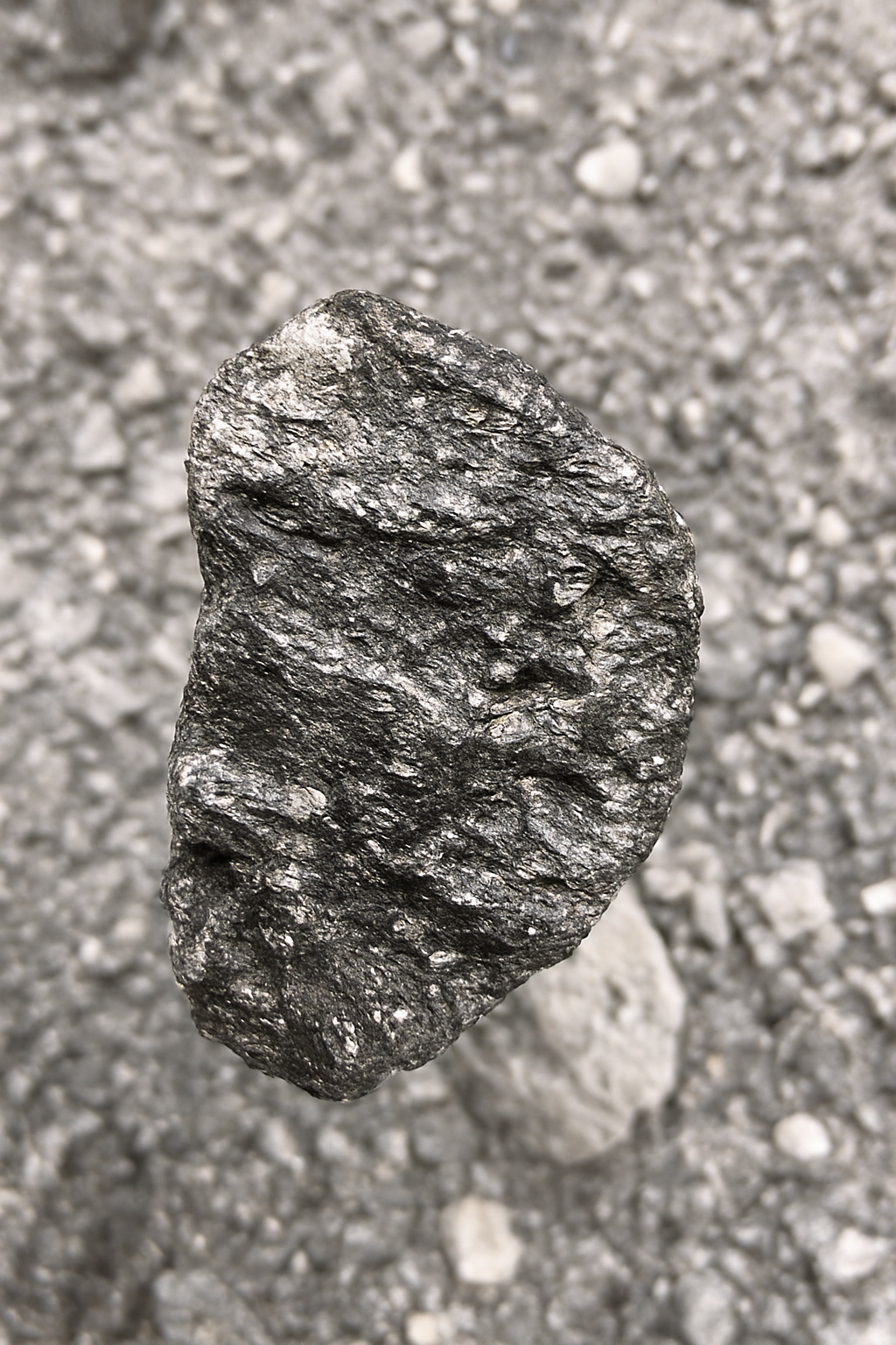 A close-up of a raw metallic mineral stone with a silvery, layered texture resting on rocky ground — highlighting the natural shimmer and rugged beauty of tanzanite’s rough form before cutting or polishing