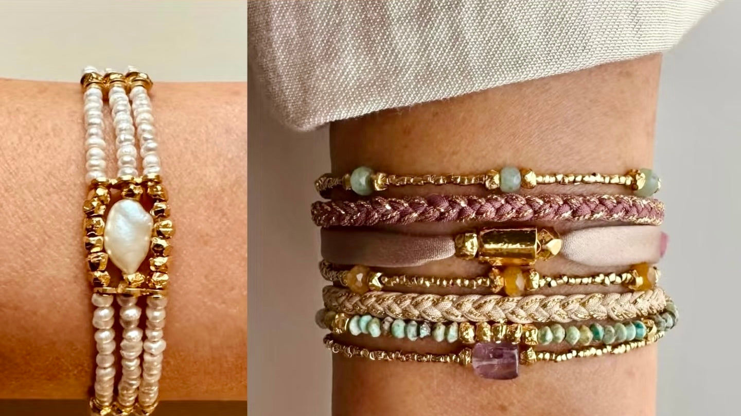 Stacked pearl and beaded bracelets featuring gold accents, silk and braided textures in soft neutral tones