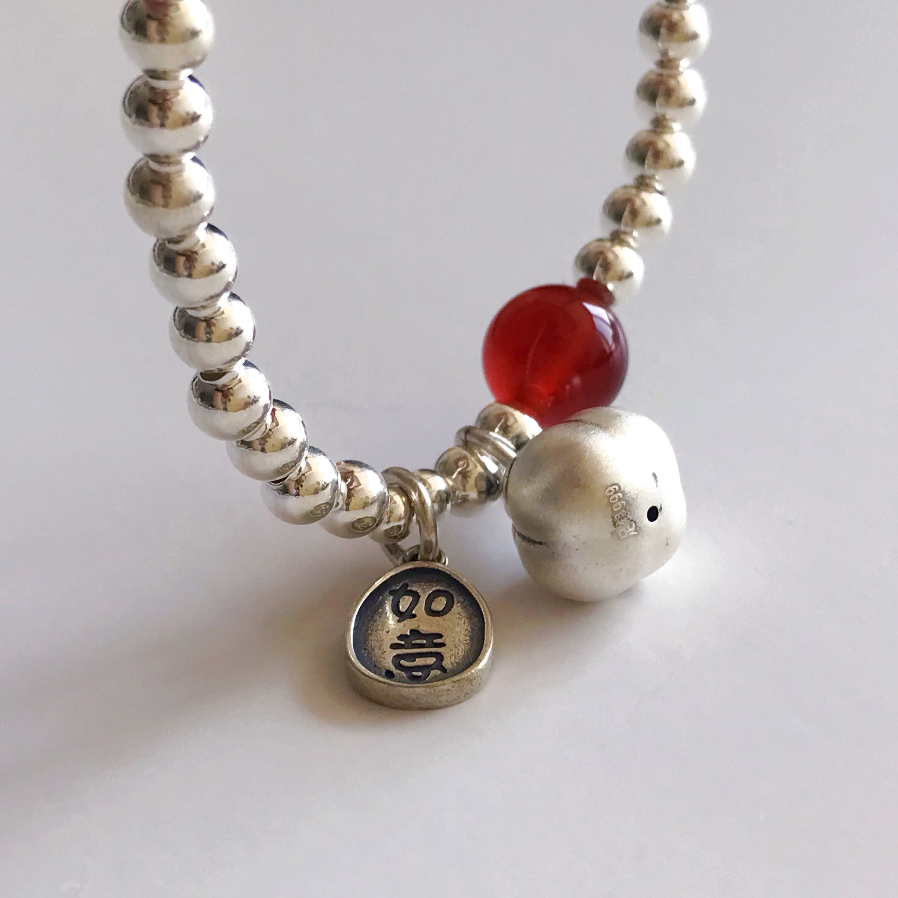 Red Agate & Silver Charm Bracelet