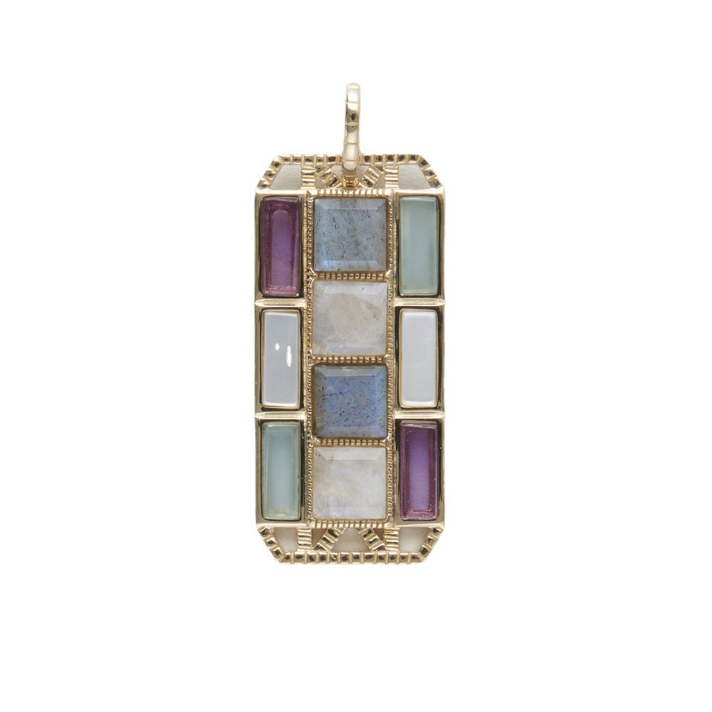 Multicolored square pendant with gold frame on a white background