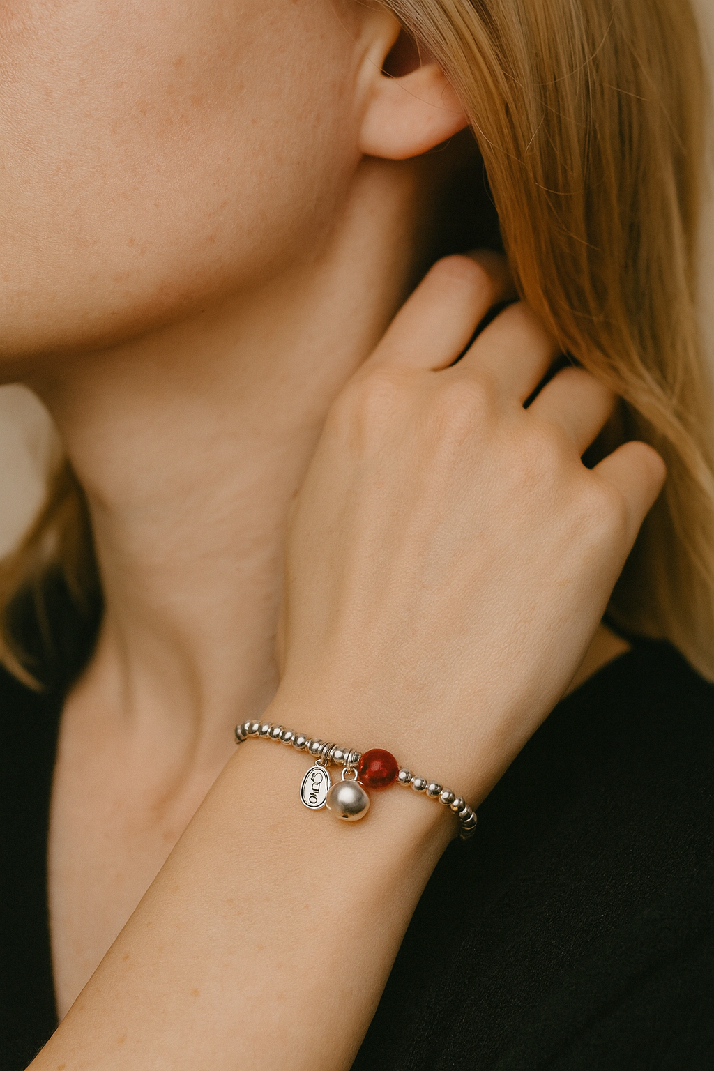 Red Agate & Silver Charm Bracelet