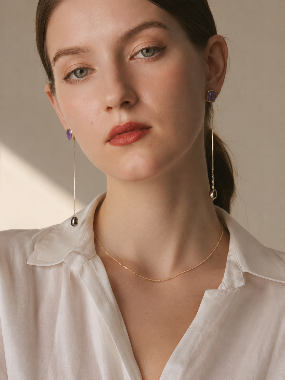 Convertible Purple Labradorite & Black Pearl Drop Earrings | Detachable Pearl, 925 Silver Gold-Plated