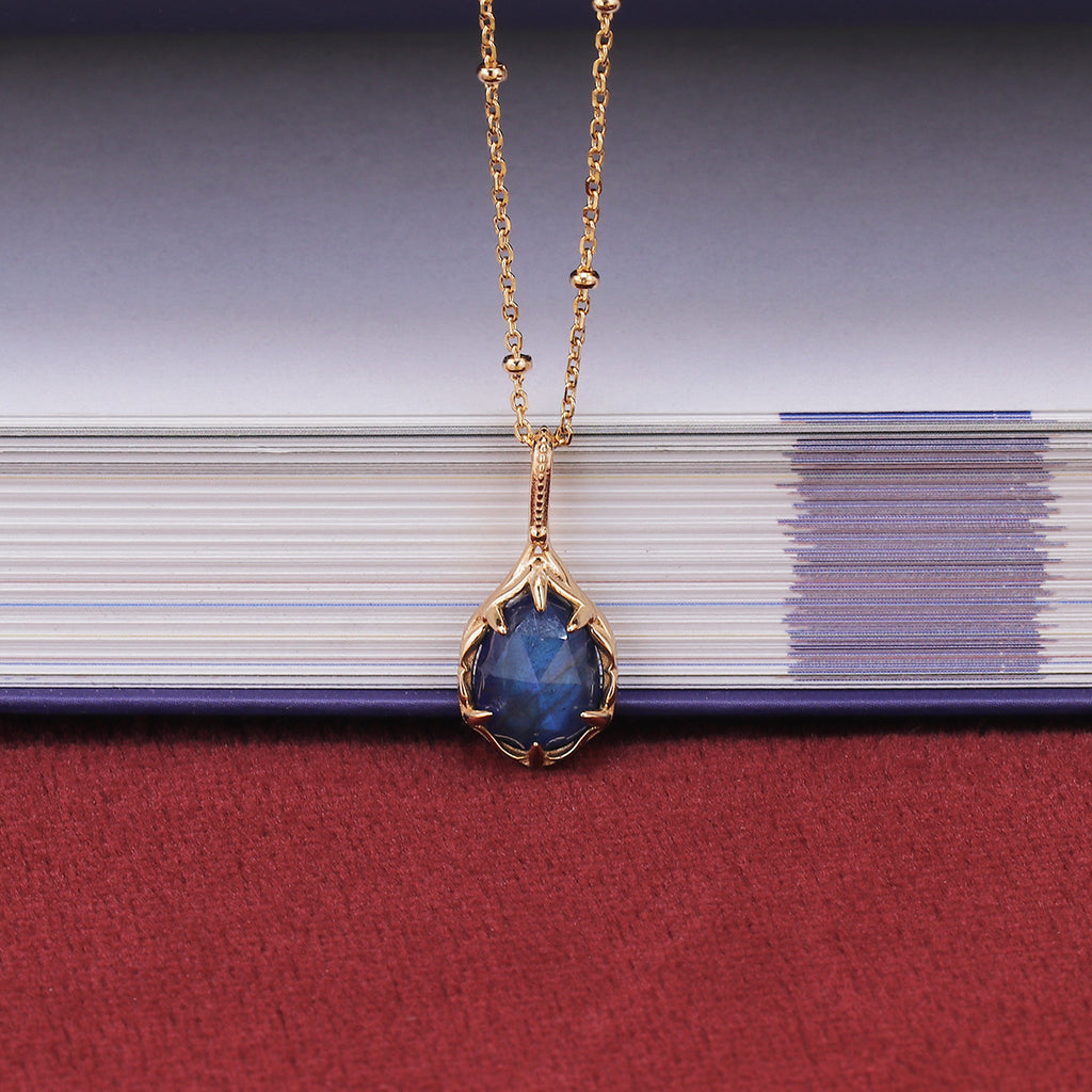 Reversible natural labradorite teardrop pendant in vintage gold-tone claw setting, 20.48mm statement necklace by Gembee Jewellery