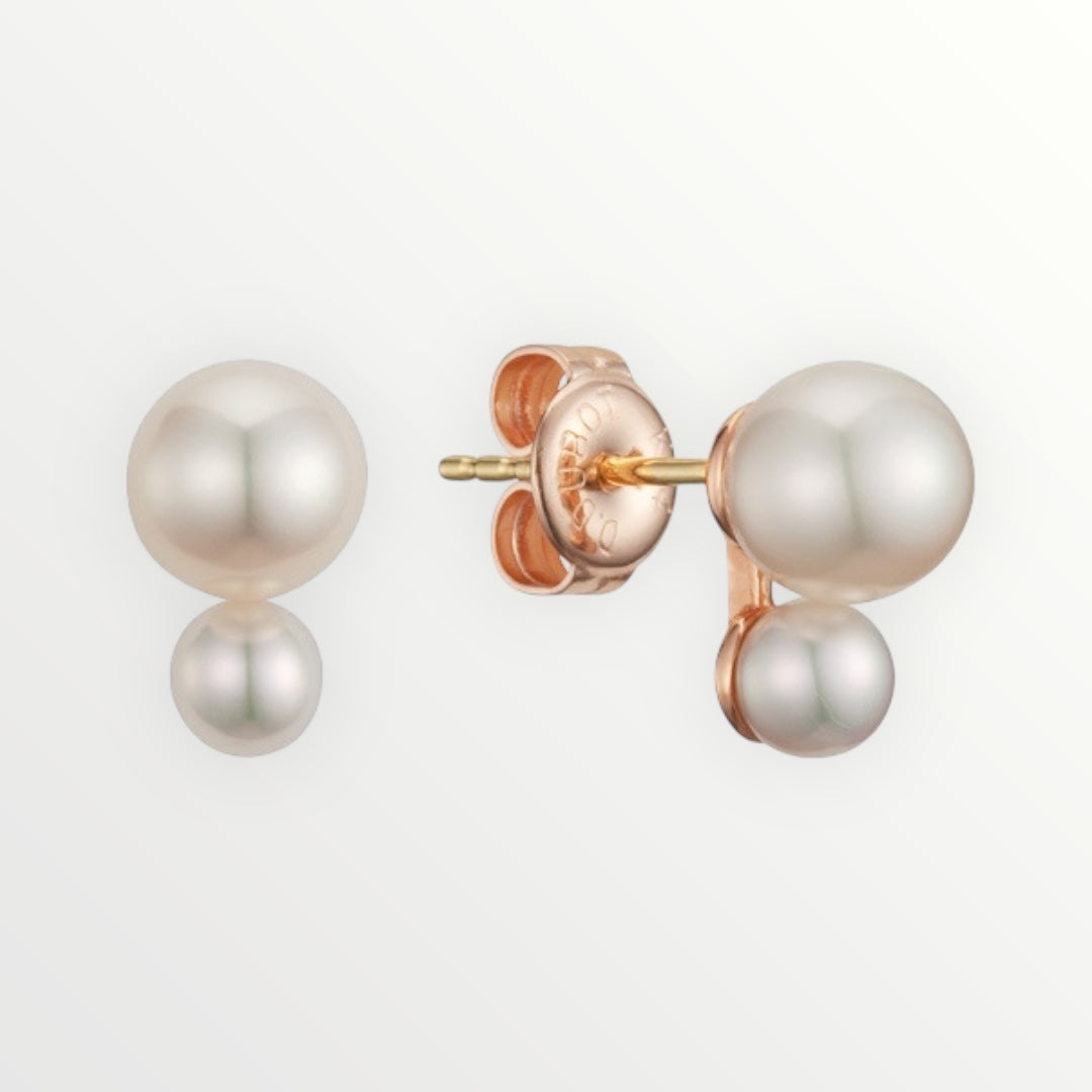 Double Pearl Stud Earrings – 925 Sterling Silver with 14K Rose Gold Plating