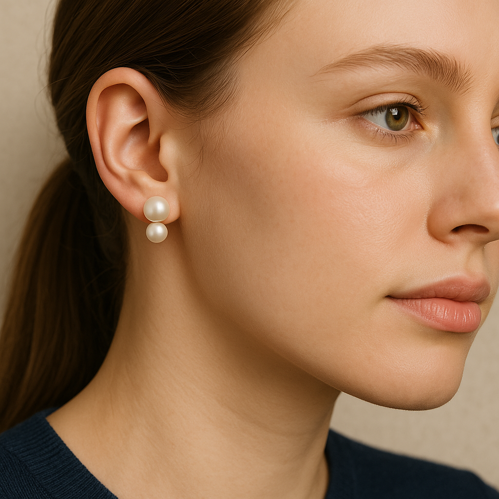 Double Pearl Stud Earrings – 925 Sterling Silver with 14K Rose Gold Plating