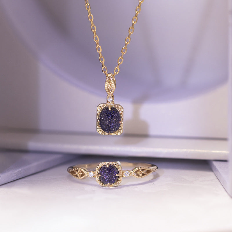 Dual-Layer Gem Pendant – Blue Goldstone & Quartz, 14K Gold Plated