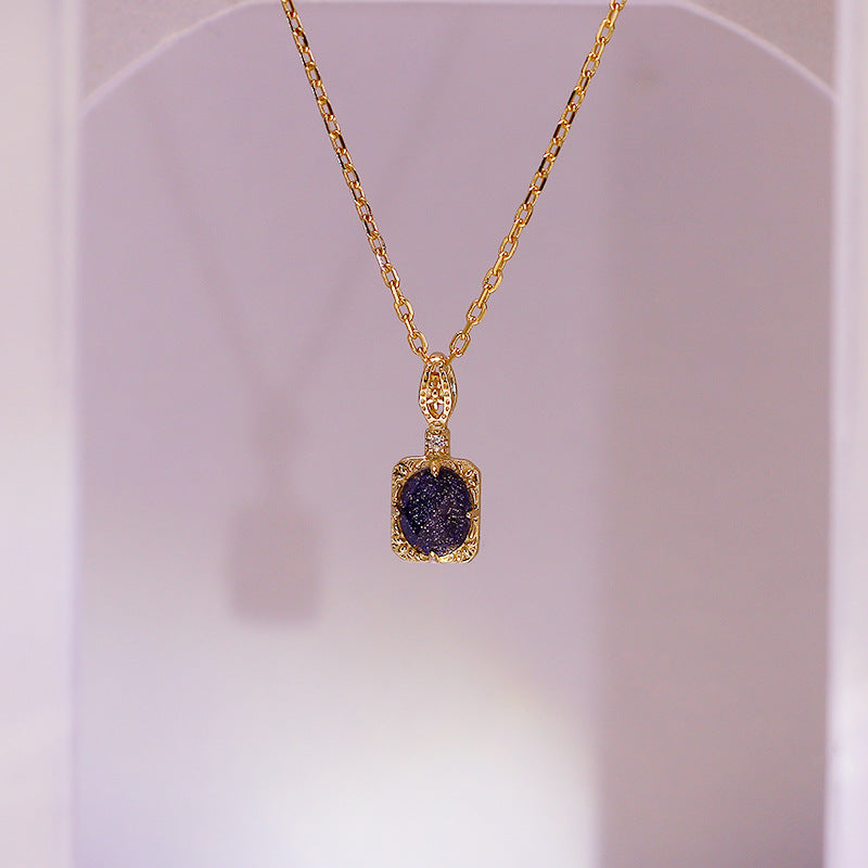 Dual-Layer Gem Pendant – Blue Goldstone & Quartz, 14K Gold Plated