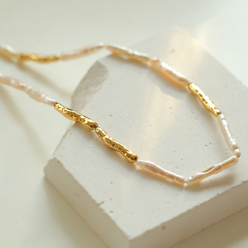 Gold-Plated Baroque Stick Pearl Necklace – Adjustable 40–45cm
