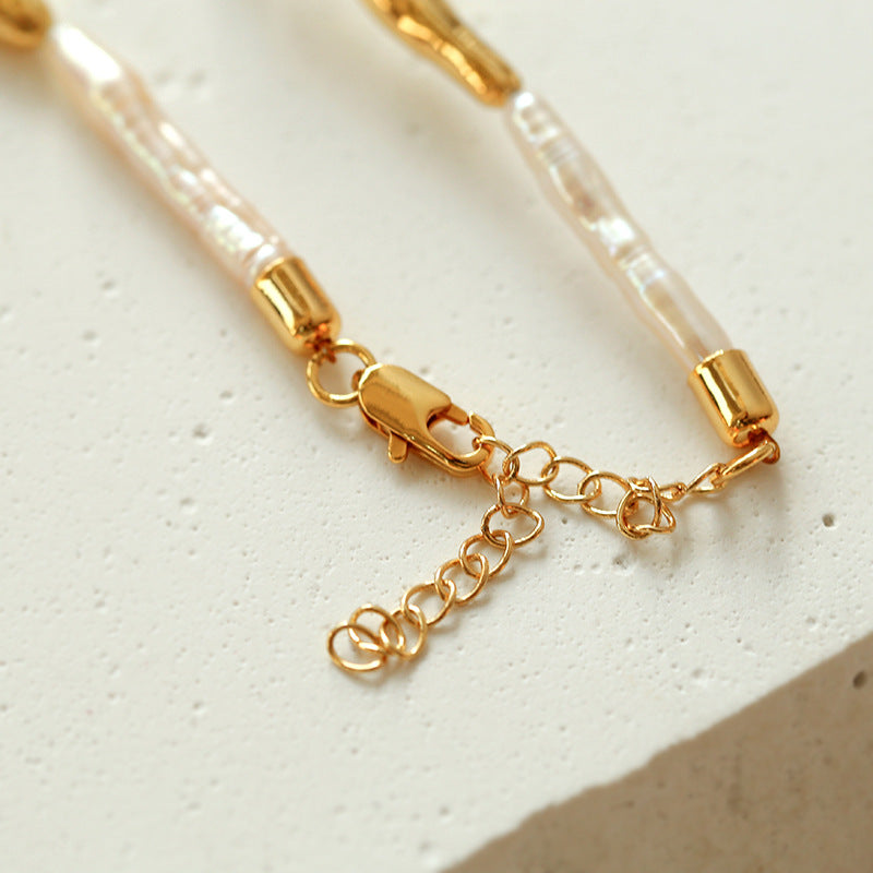 Gold-Plated Baroque Stick Pearl Necklace – Adjustable 40–45cm
