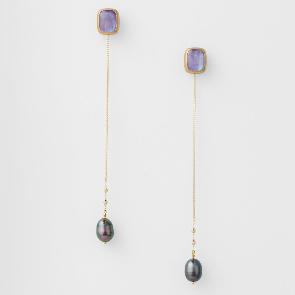 Iridescent purple shell and black freshwater pearl long chain earrings in 925 silver, elegant handcrafted design
