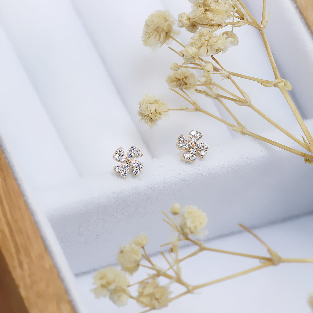 Lucky Clover Zircon Stud Earrings – 14K Gold Plated 925 Sterling Silver