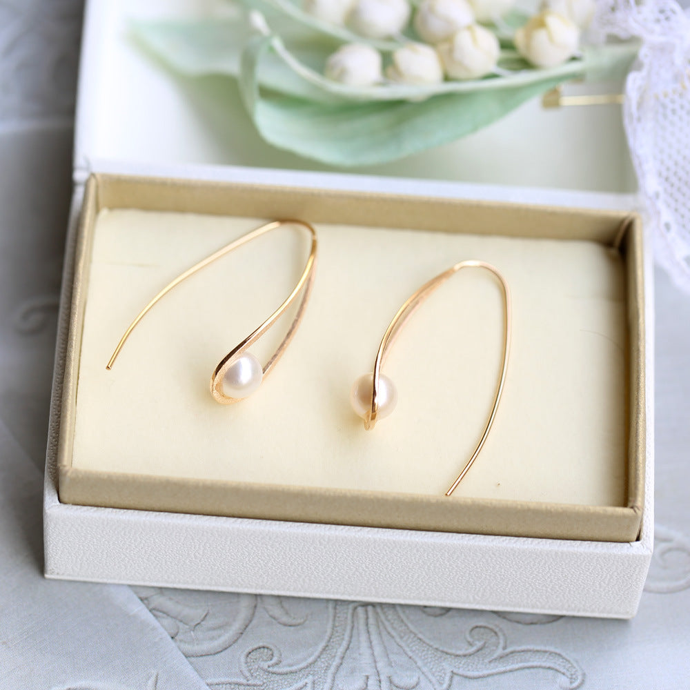 Minimalist Freshwater Pearl Long U-Shaped 925 Silver Earrings