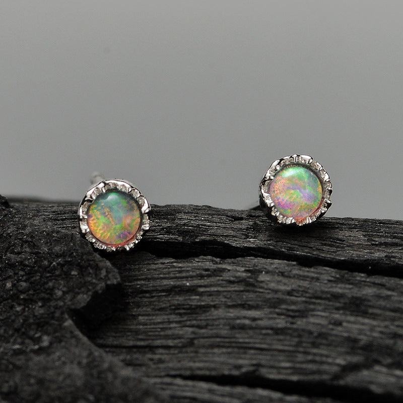 Minimalist S925 Silver Opal Stud Earrings – Delicate Iridescent Glow