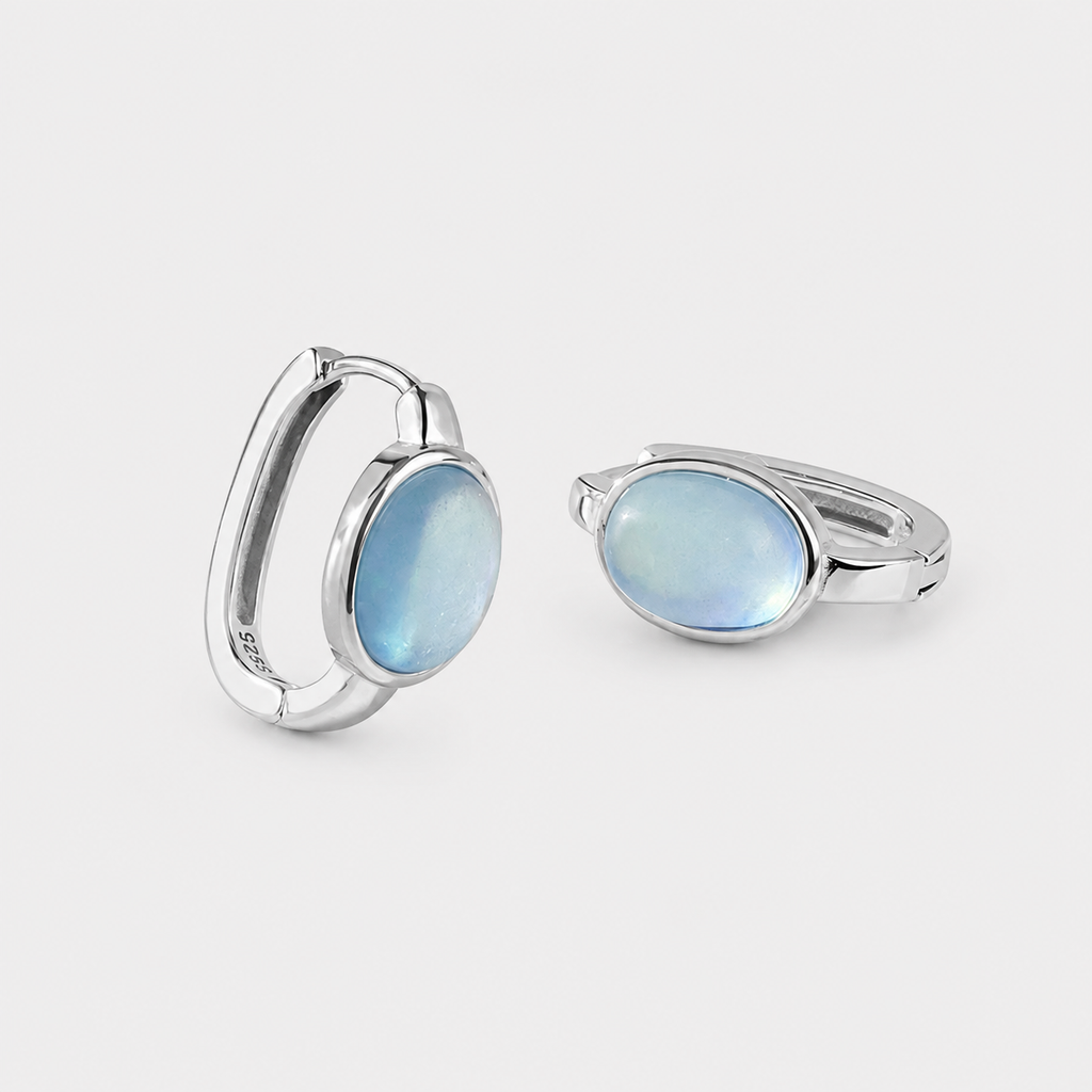 Natural Aquamarine Huggie Hoop Earrings | 925 Sterling Silver Oval Hoops