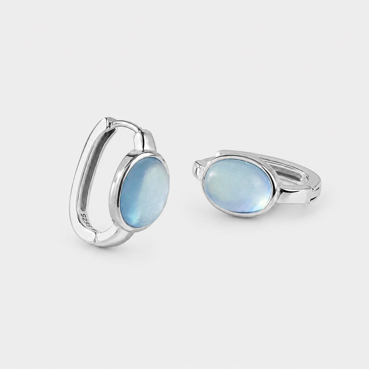 Natural Aquamarine Huggie Hoop Earrings | 925 Sterling Silver Oval Hoops