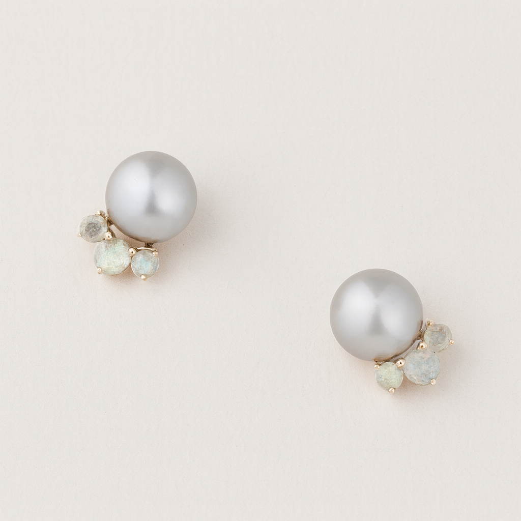 Natural Labradorite & Grey Freshwater Pearl Stud Earrings