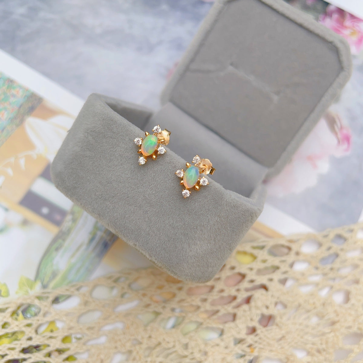 Natural Opal Snowflake Stud Earrings in Gold Plated Silver