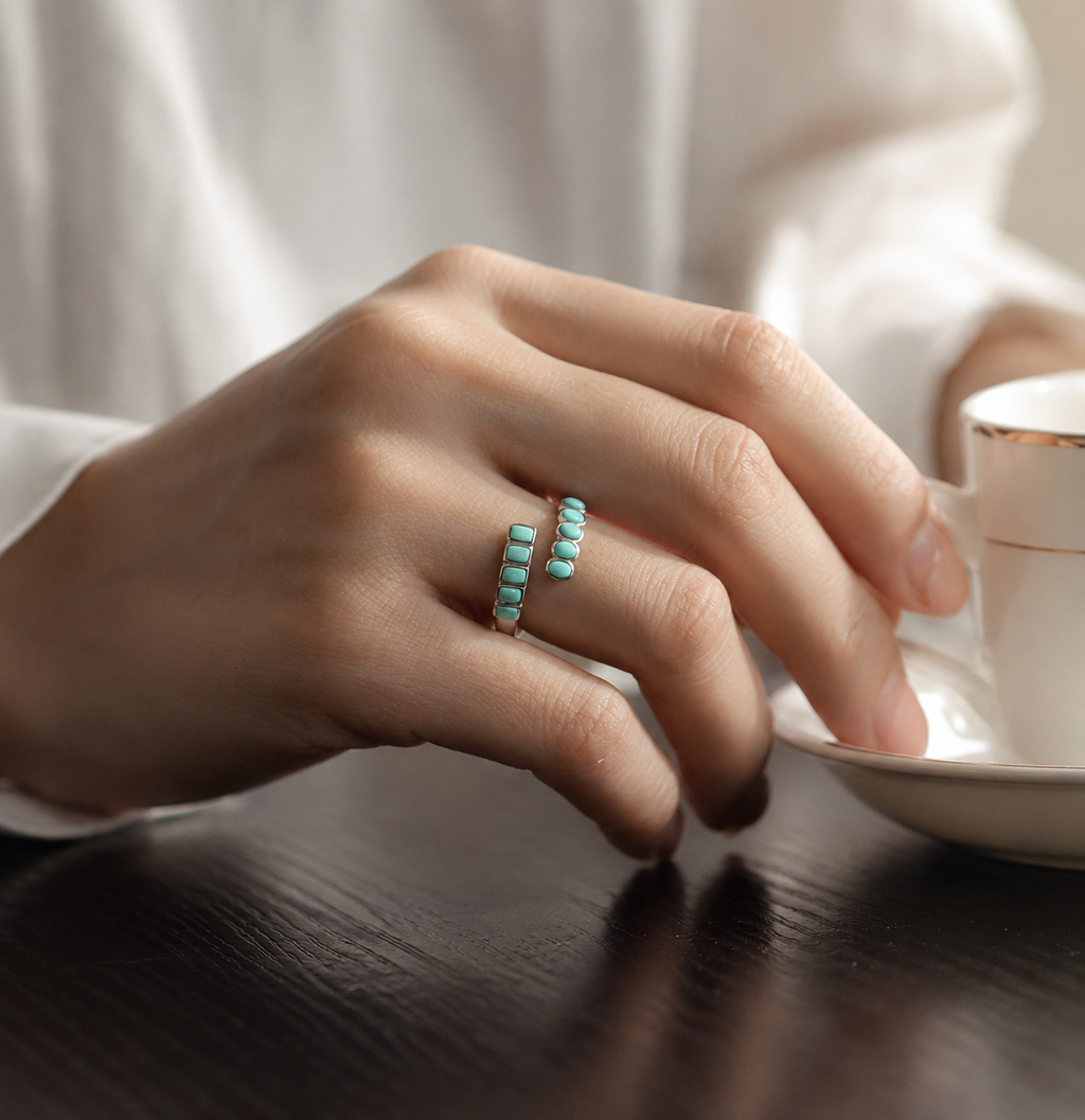 Natural Turquoise Open Ring in 925 Sterling Silver | Adjustable Gemstone Ring