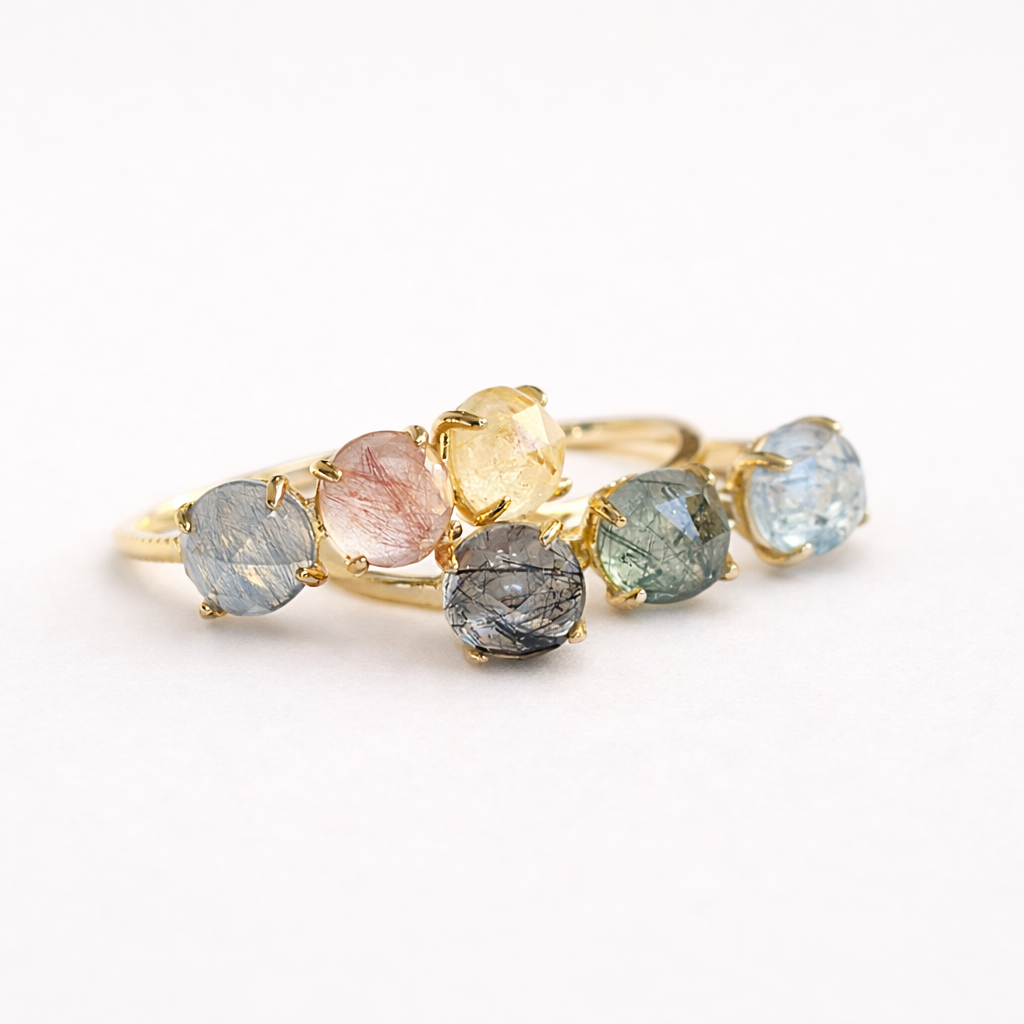 Natural Candy-Color Rutilated Quartz Triple-Stone Ring