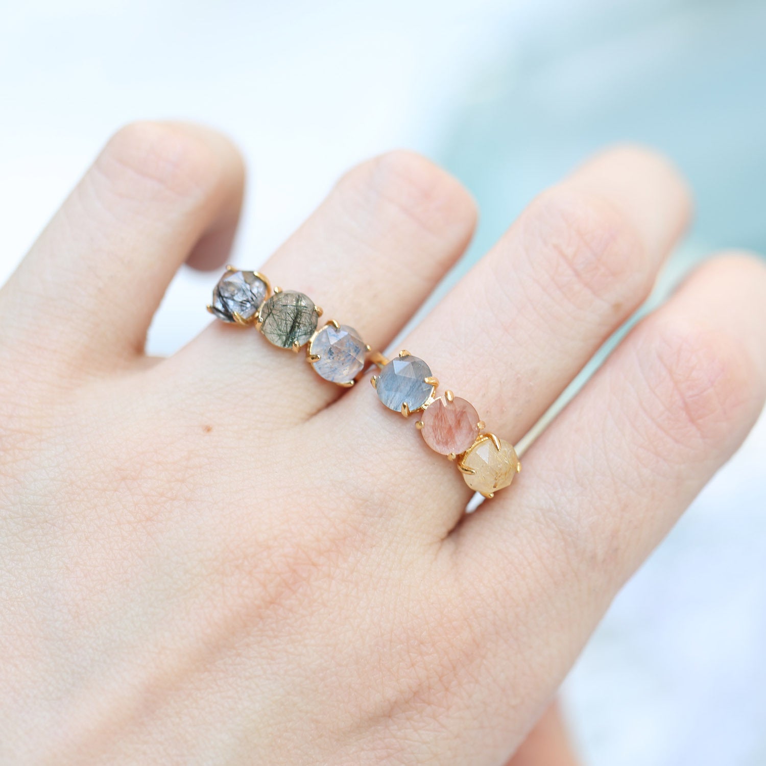 Natural Candy-Color Rutilated Quartz Triple-Stone Ring