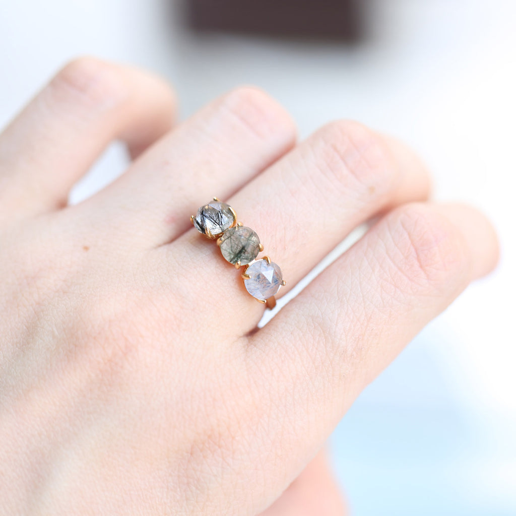 Natural Candy-Color Rutilated Quartz Triple-Stone Ring