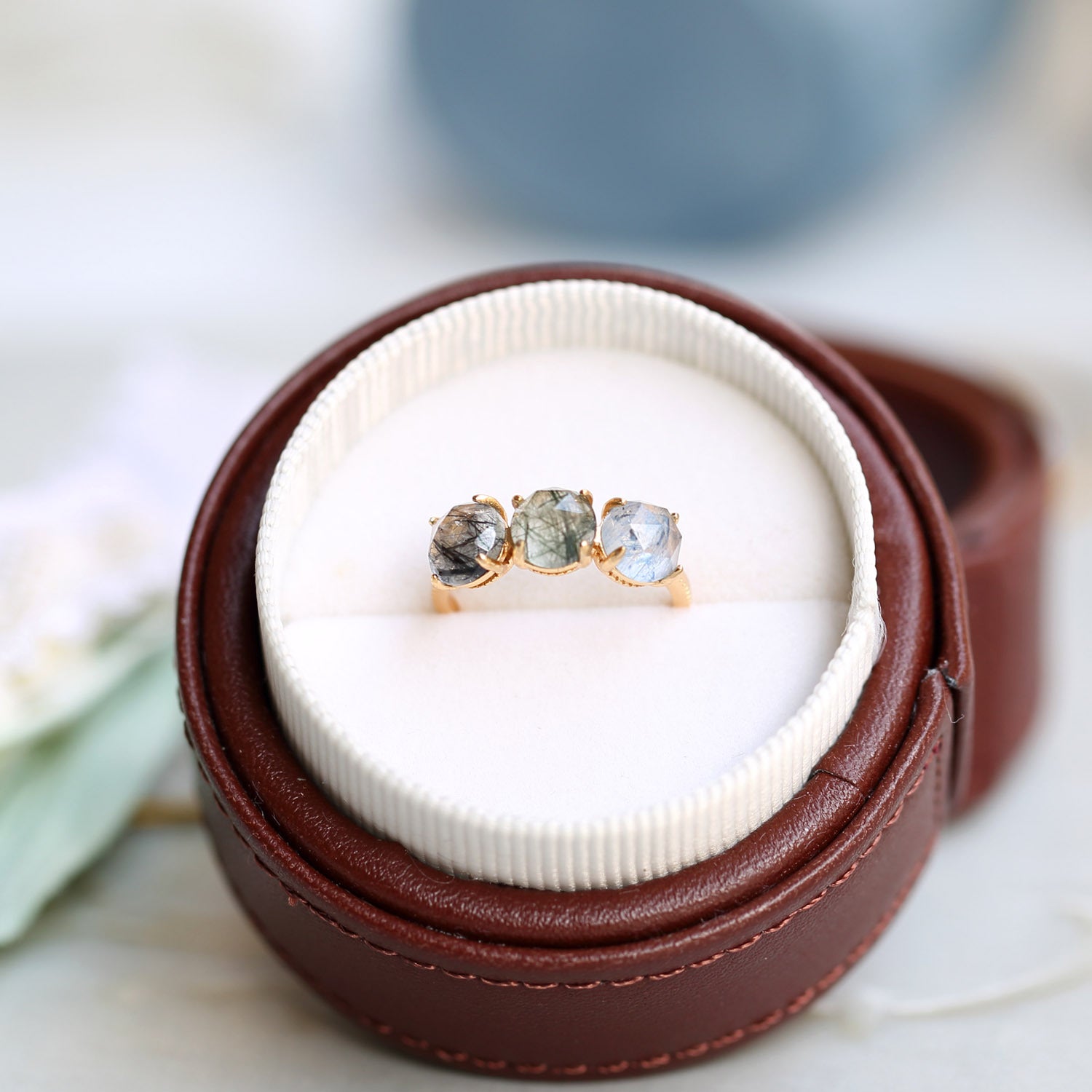 Natural Candy-Color Rutilated Quartz Triple-Stone Ring