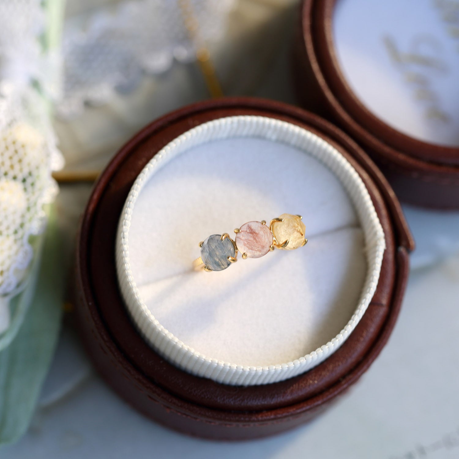 Natural Candy-Color Rutilated Quartz Triple-Stone Ring