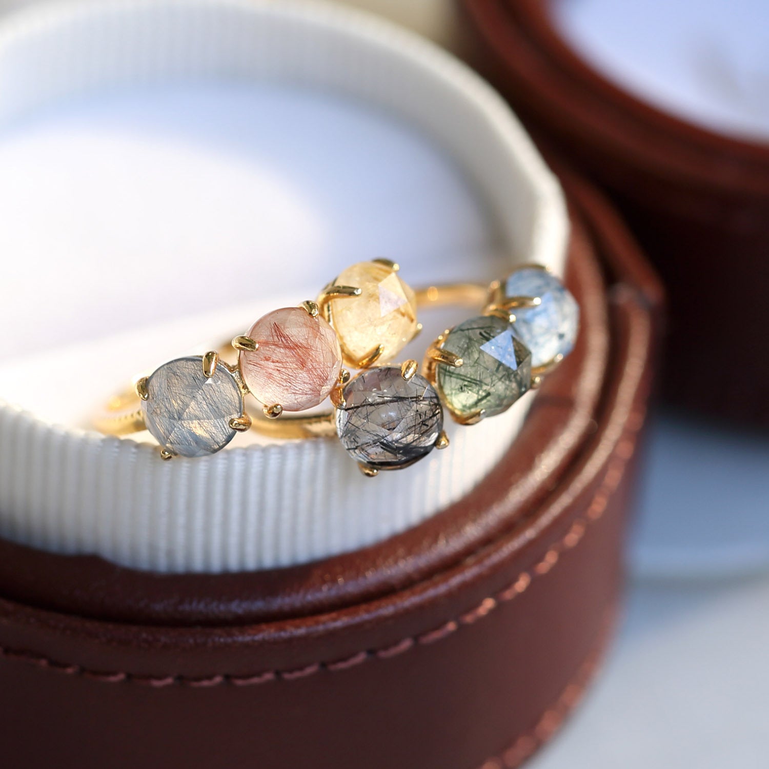 Natural Candy-Color Rutilated Quartz Triple-Stone Ring