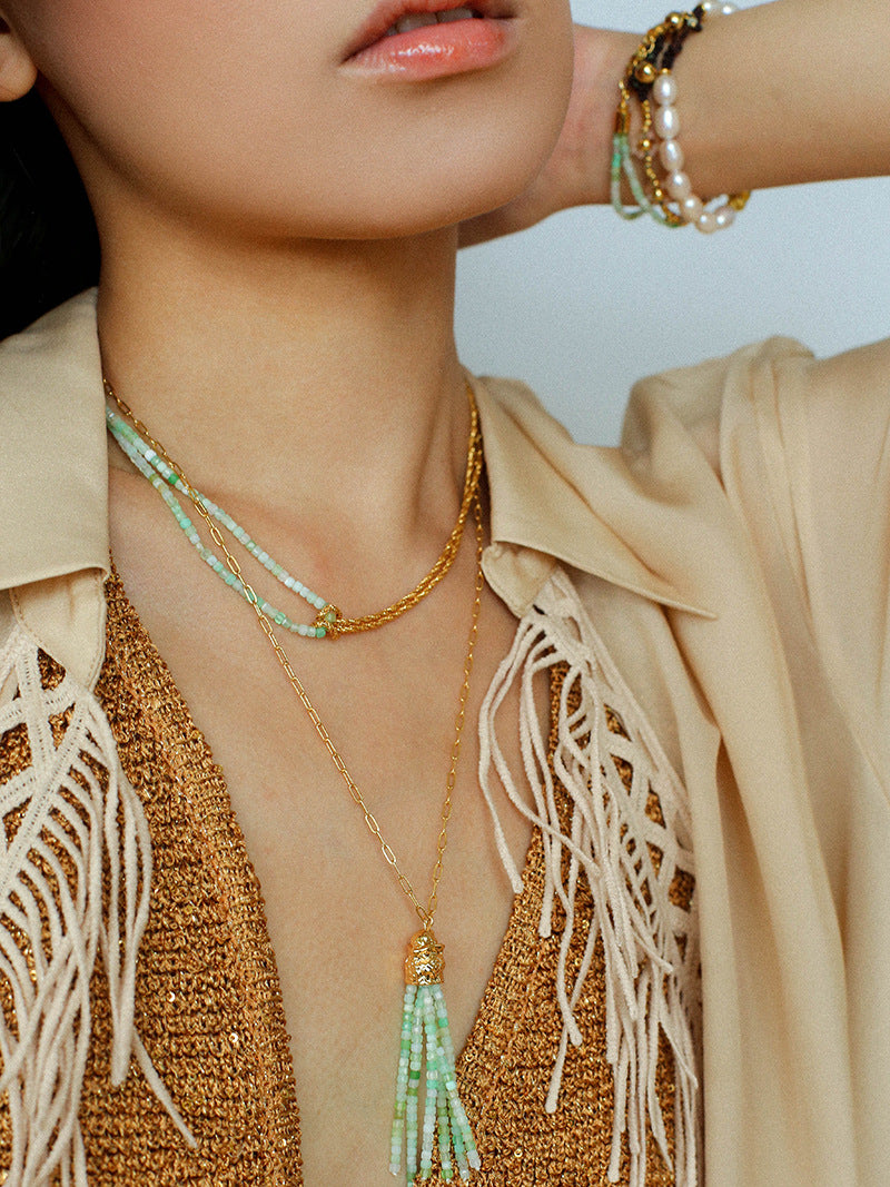 Natural Chrysoprase & Gold Double-Strand Knotted Choker Necklace