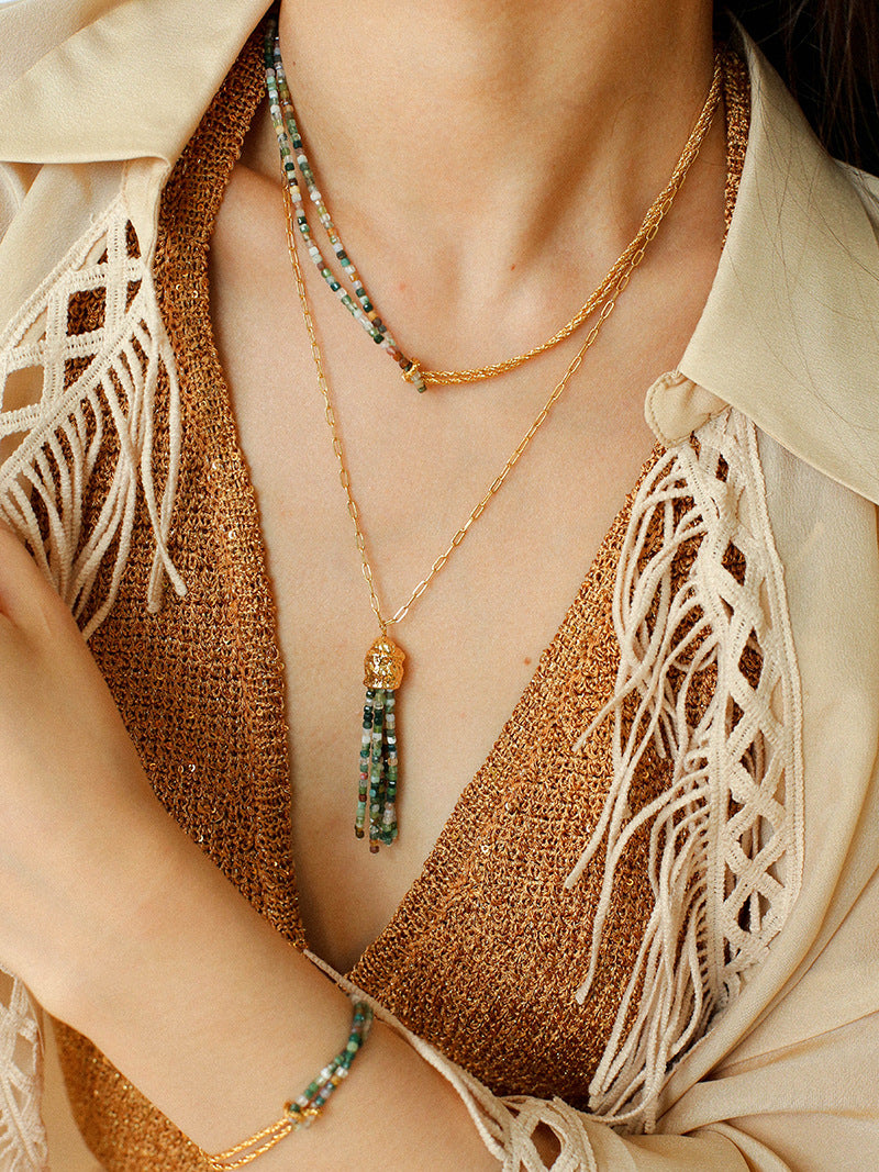 Natural Moss Agate & Gold Double-Strand Knotted Choker Necklace