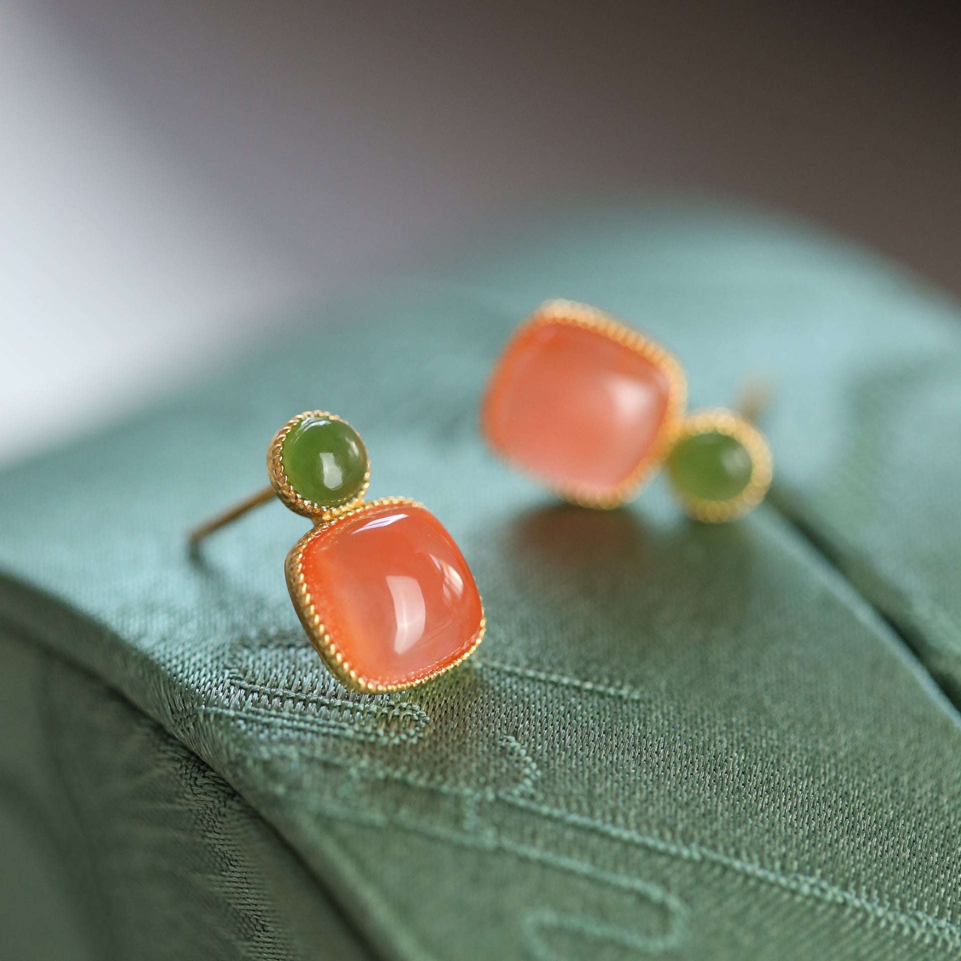 Natural Jade and South Red Agate Earrings