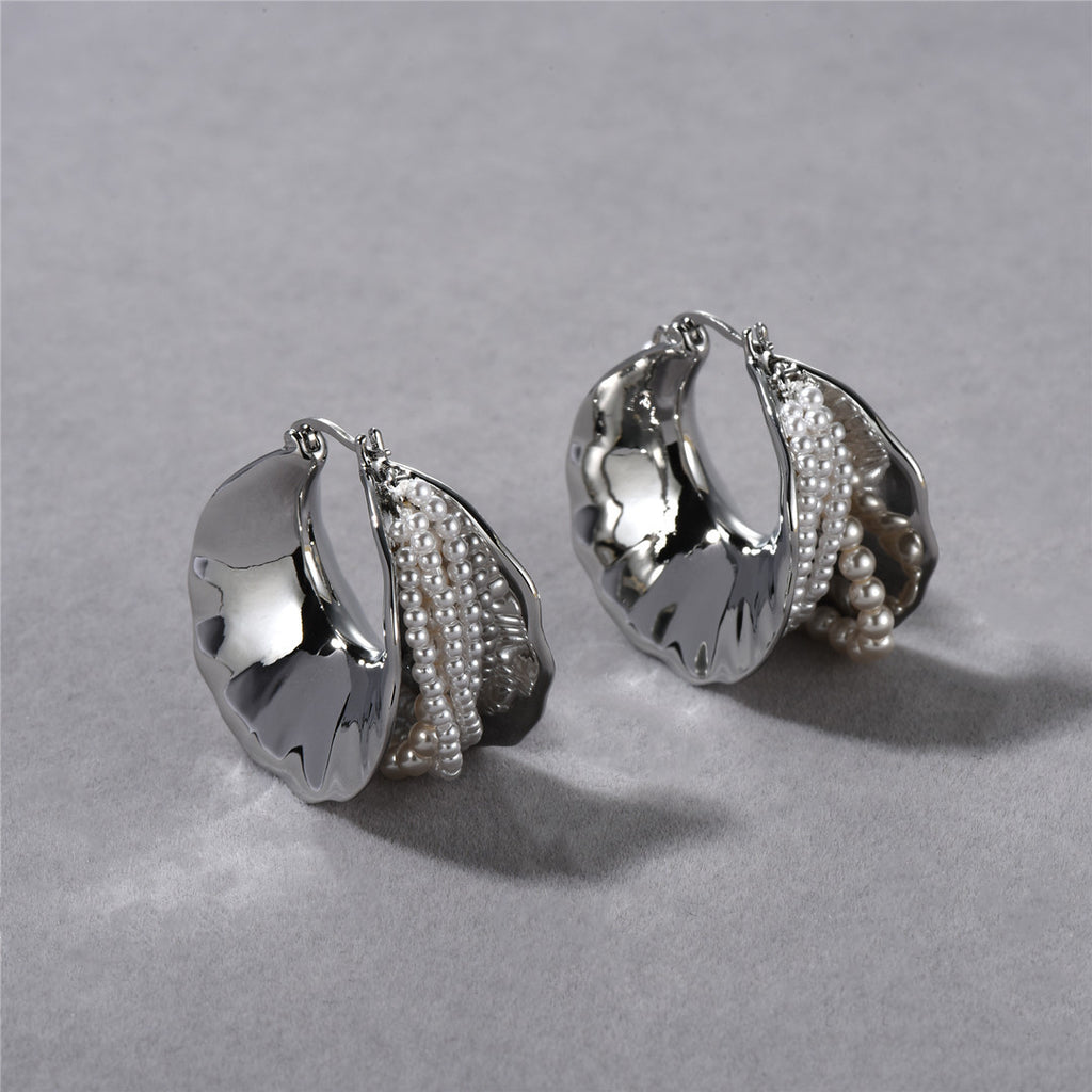 Pearl & Silver Texture Hoop Earrings | Statement Design