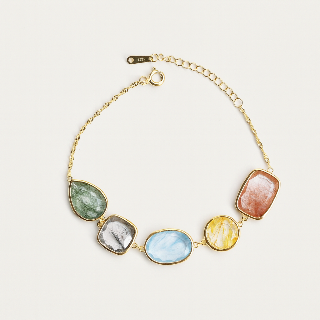 Necklace with multicolored stone pendants on a white background