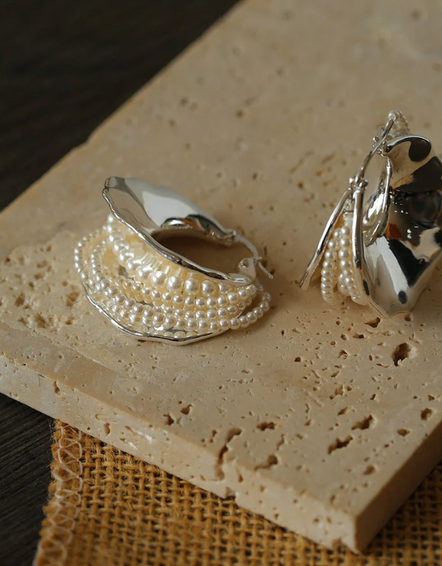Pearl & Silver Texture Hoop Earrings | Statement Design