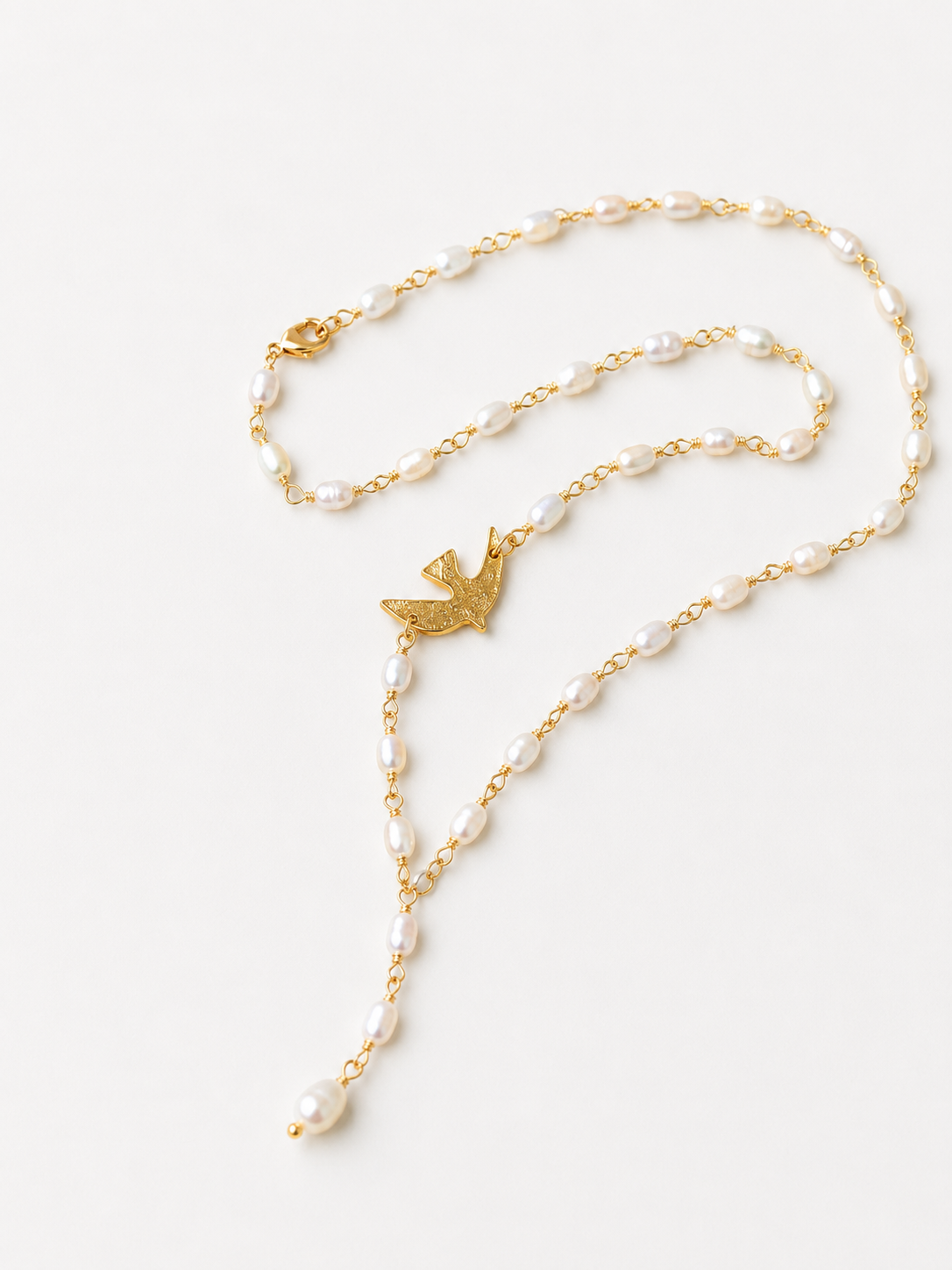 Baroque Pearl Lariat Necklace with Bird Charm