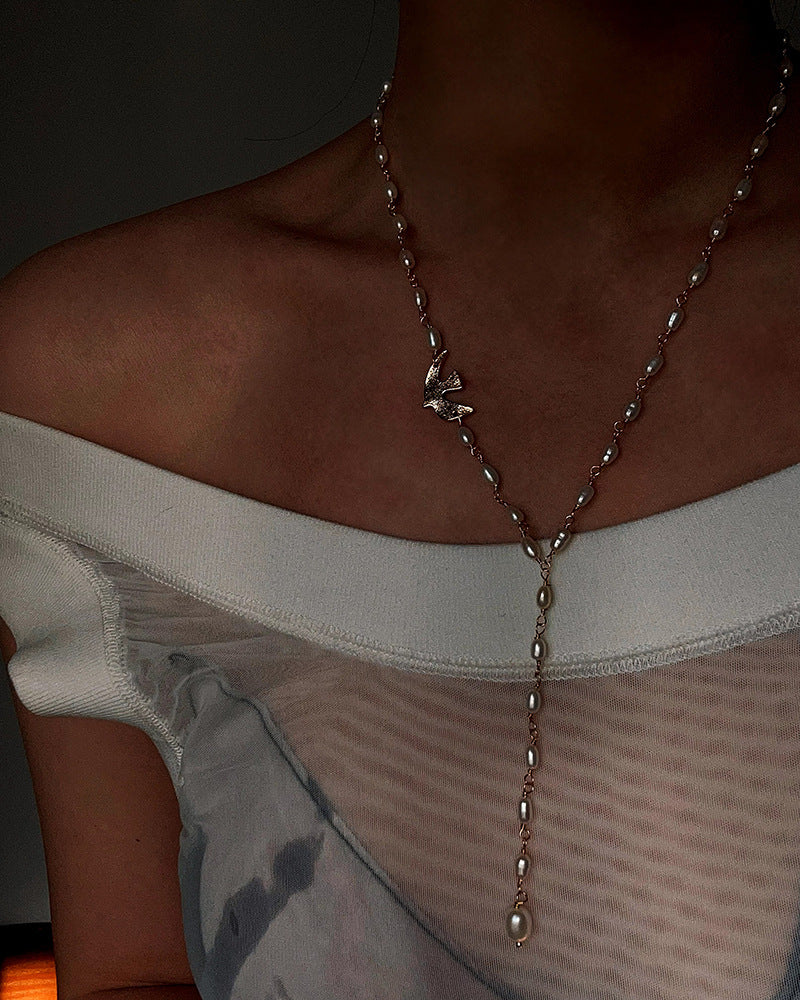 Baroque Pearl Lariat Necklace with Bird Charm