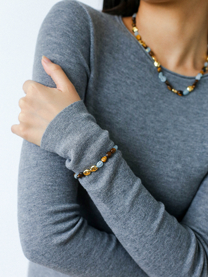 Sahara Tiger's Eye & Aquamarine Bracelet — 18K Gold Plated