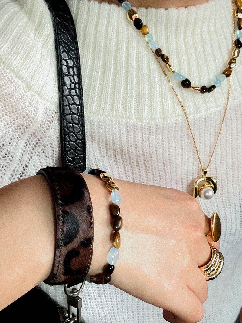 Sahara Tiger's Eye & Aquamarine Bracelet — 18K Gold Plated