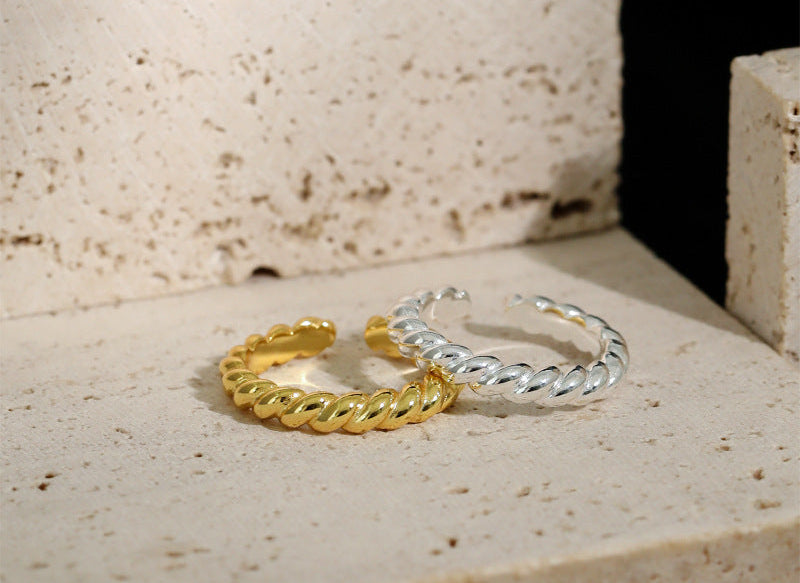 Gold-plated twisted rope open ring in 925 sterling silver