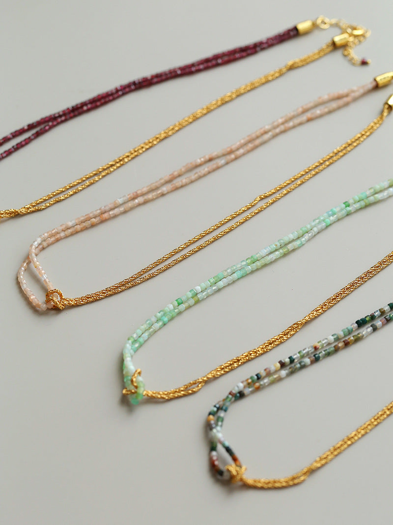 Natural Chrysoprase & Gold Double-Strand Knotted Choker Necklace