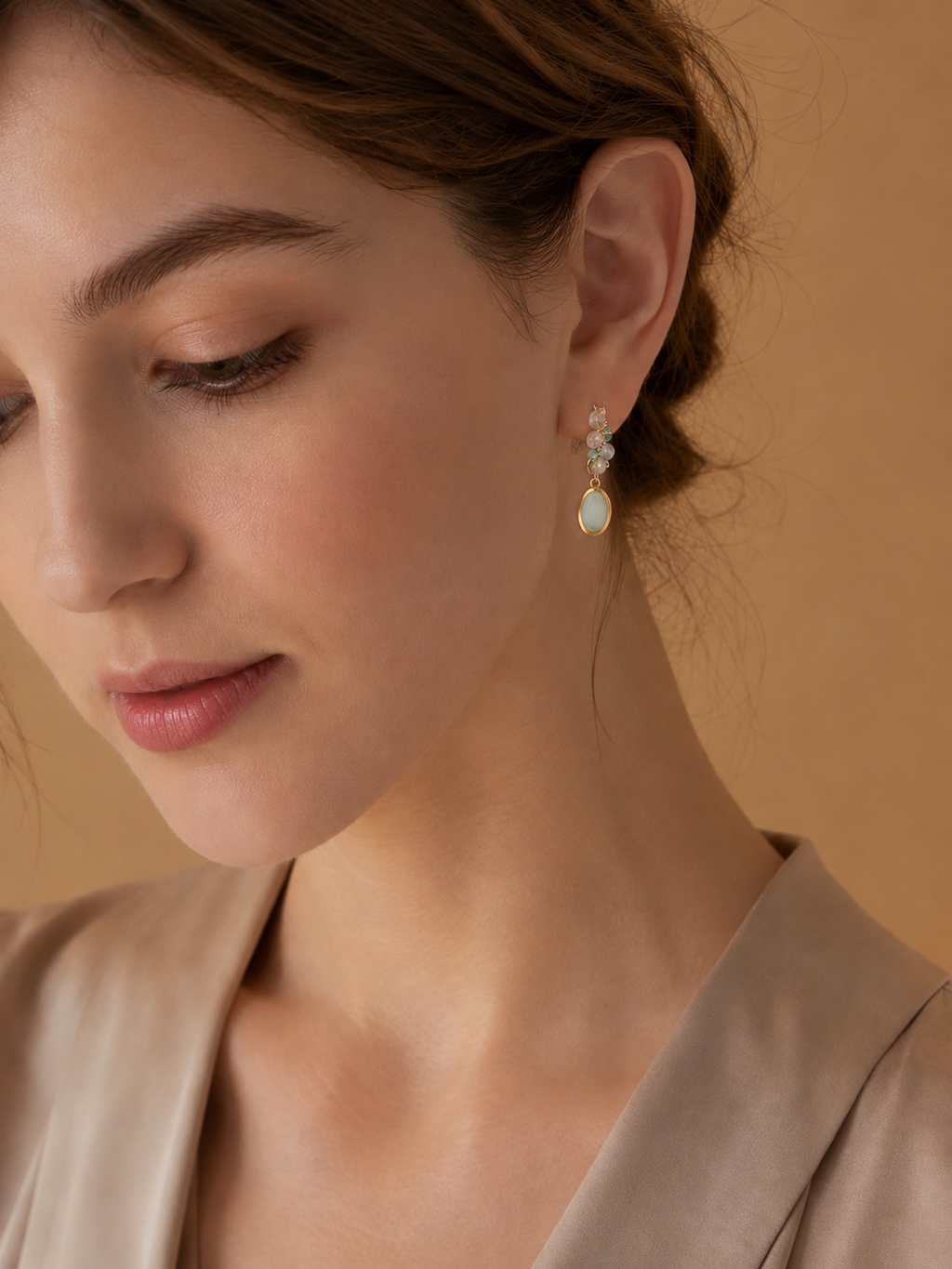 Green Prehnite Gemstone Drop Earrings | Natural Crystal Gold-Plated Earrings