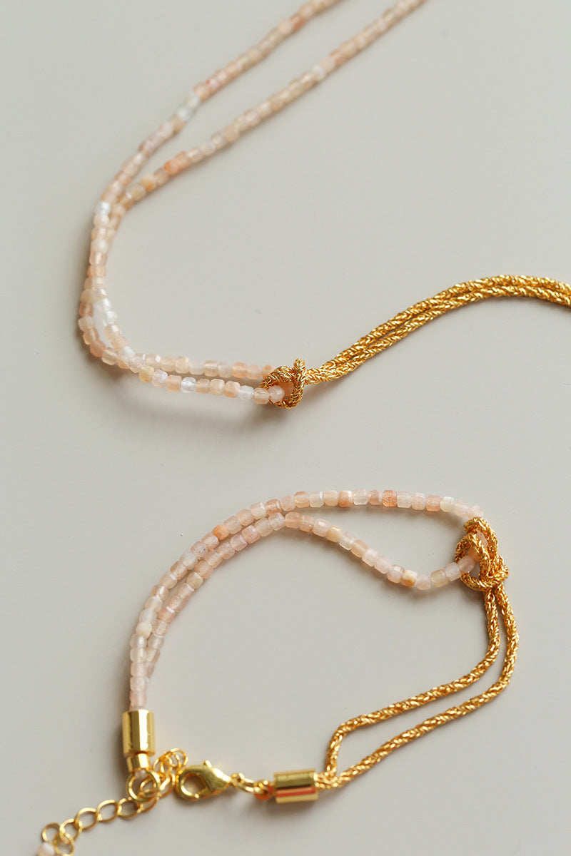 Natural Sunstone & Gold Double-Strand Knotted Choker Necklace