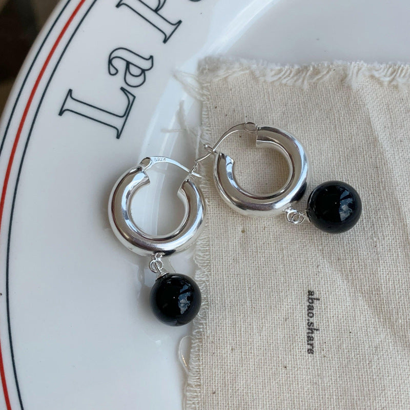 Sterling Silver Black Agate Hoop Earrings｜Minimal Chic