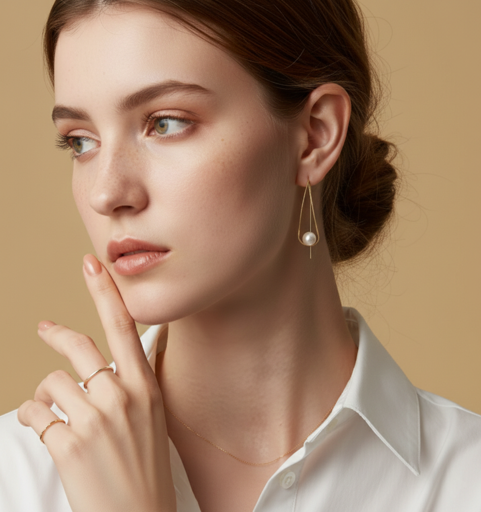 Minimalist Freshwater Pearl Long U-Shaped 925 Silver Earrings